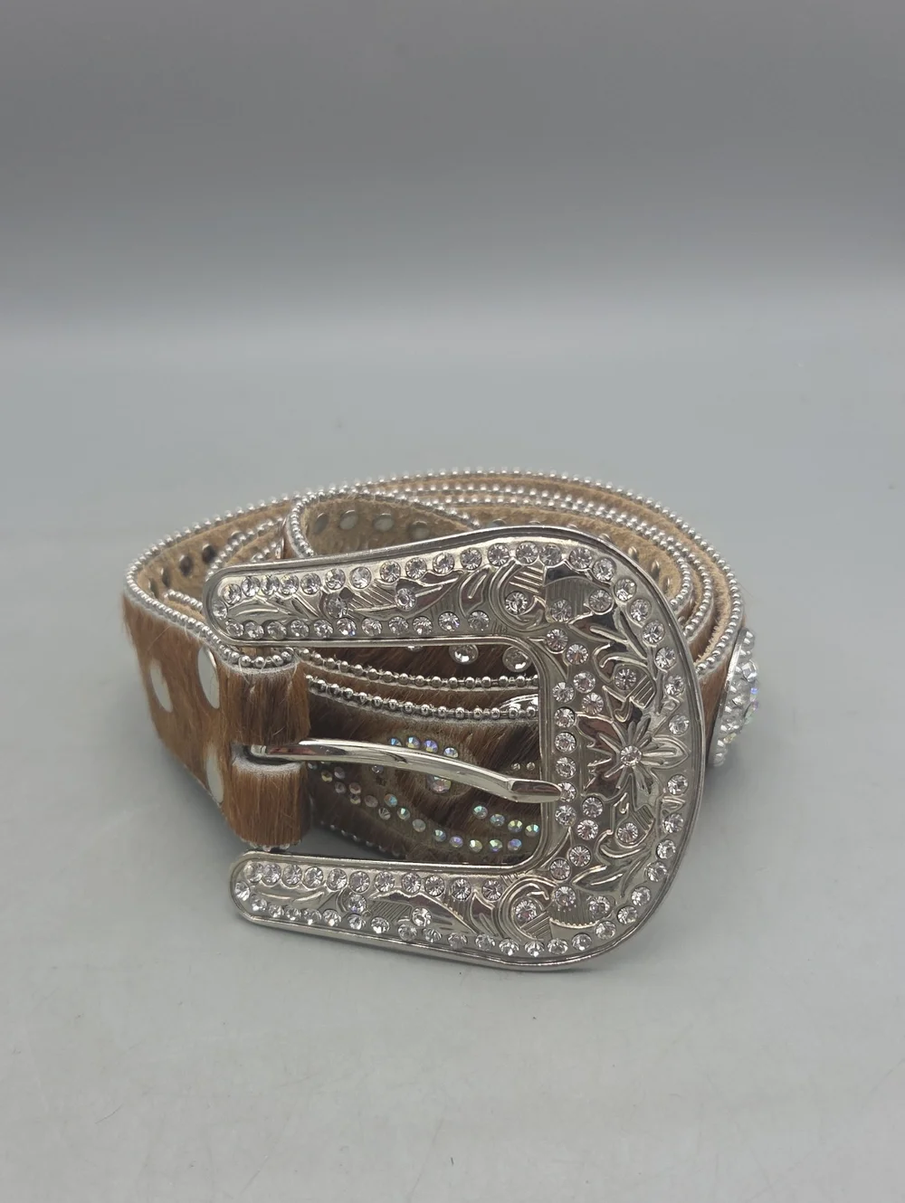 Nocona Genuine Leather Calf Hair on Hide Rhinestone Belt Rodeo Western Bling